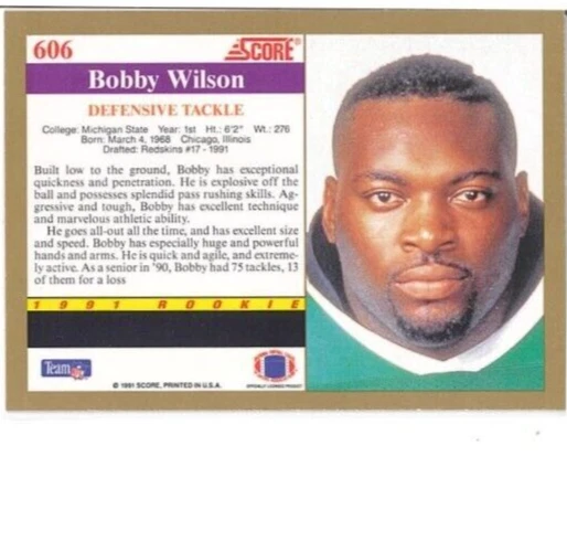 NCAA Michigan State NFL Washington Redskins ROOKIE CARD Bobby Wilson Draft 1991 - Image 2 of 2