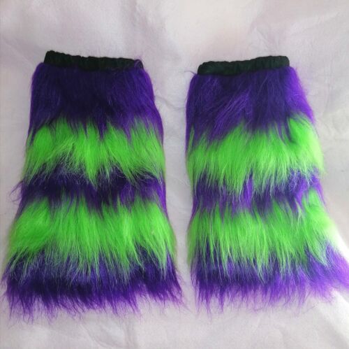 Purple & Green Leg Warmers Fluffy Faux Fur Furry Boot Cover Winter Cuffs