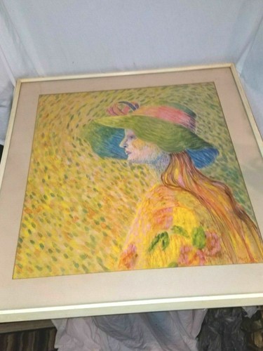 VINTAGE R. MEADOWS Painting Colorful IMPRESSIONIST Lady with Hat Watercolor - Picture 12 of 12