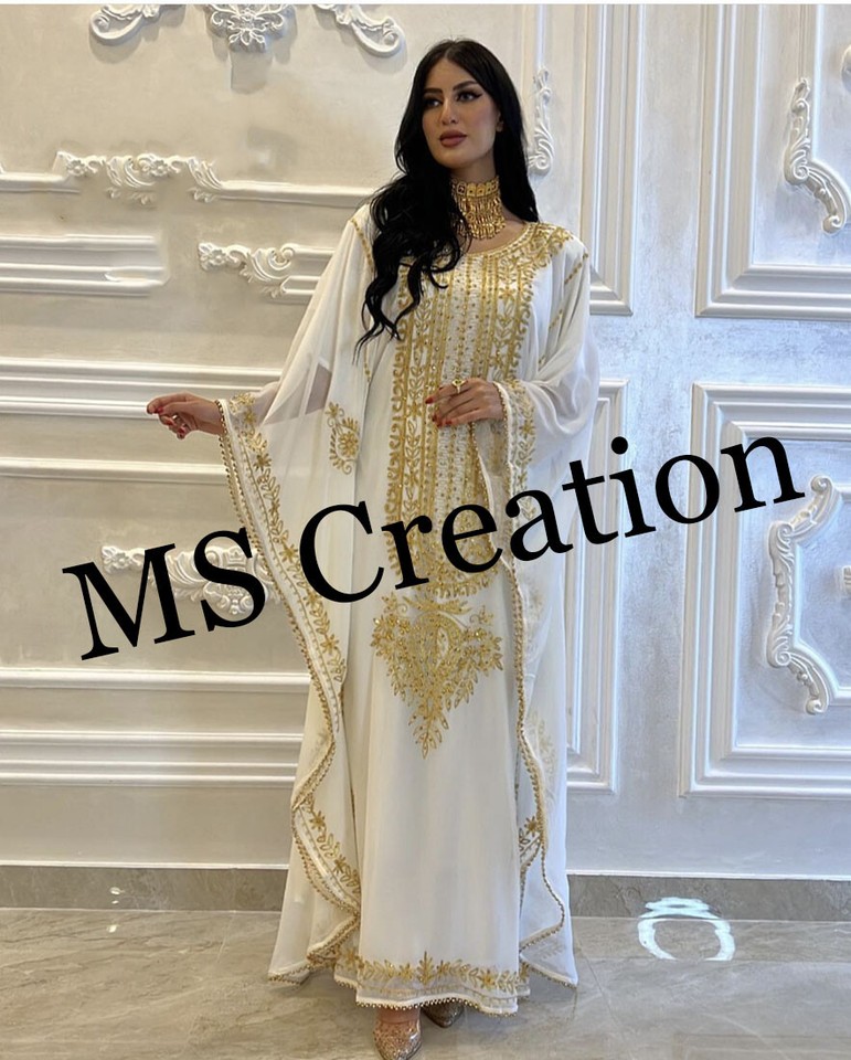 MS CREATION Moroccan Dubai Kaftan Abaya – Long Fancy Georgette Gown With Embroidery, Red