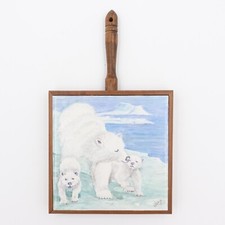 Polar Bear Mom Cubs Tile Trivet Signed Velma '75 Wood Frame Dal Tile Made in USA