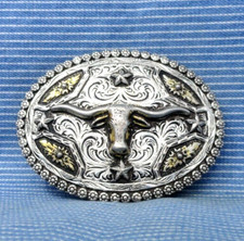 Cowboys Cowgirls Longhorn Belt Buckle Western Stars Floral Scroll Vtg 90s.TYC701