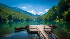 Landscape mountains sky clouds nature boat reflection Custom Gaming Mat Desk