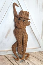Vintage Woven Wicker/ Rattan Hanging Monkey Wearing a Hat Black Beaded Eyes 12"
