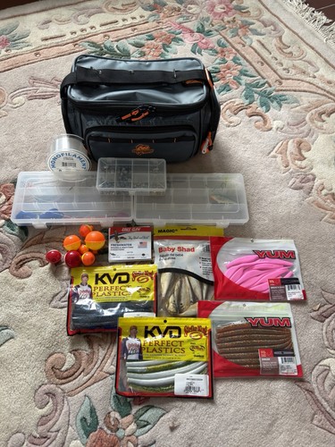 Bass Fishing Tackle Lot w/ Bag, YUM, KVD, Plastics, and Line