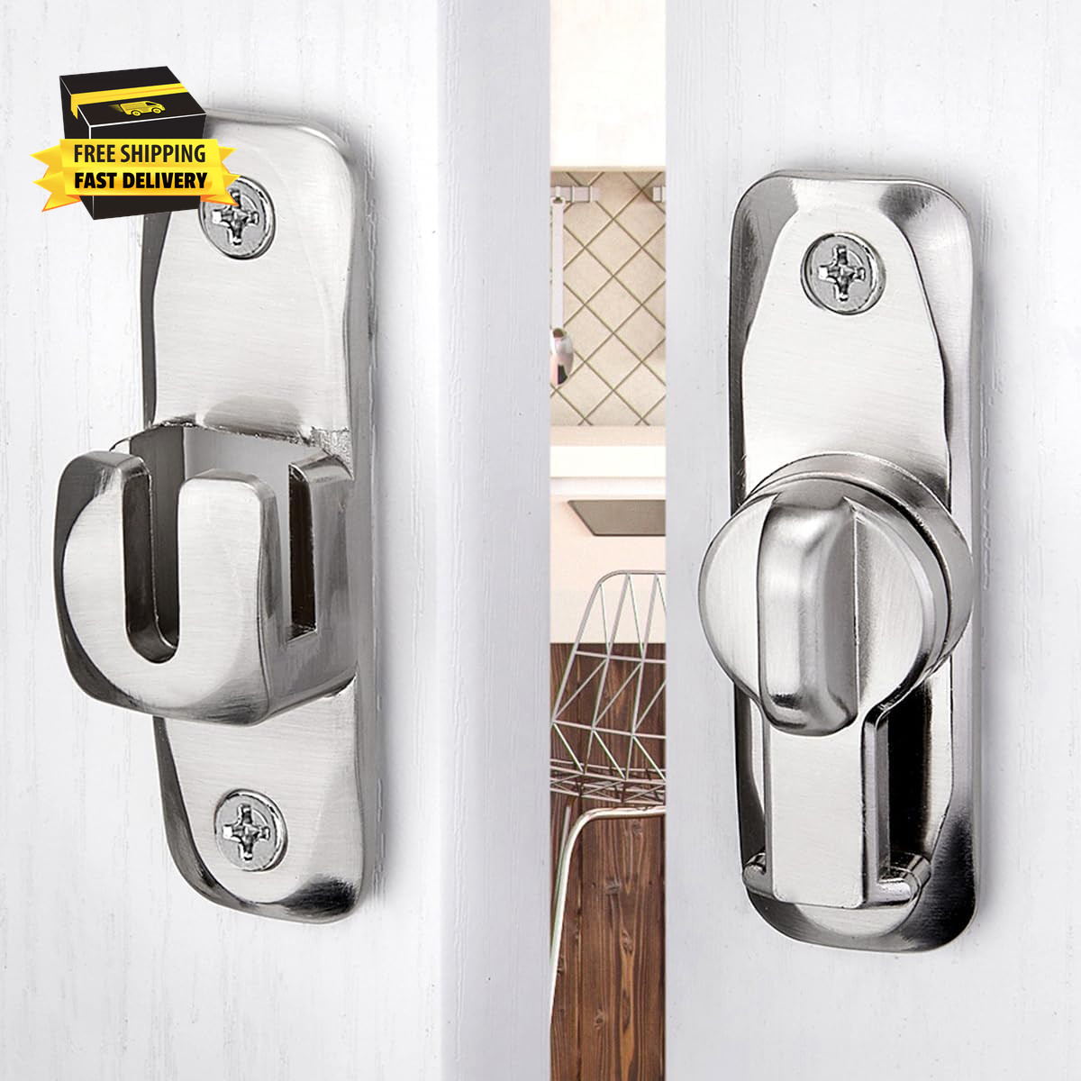Silvery 90/180 Degree Barn Door Lock ，Premium Zinc Alloy Latch - Flip Gate Latch