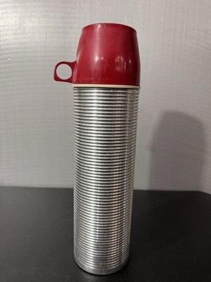 Vintage  Thermos 2484 Vacuum Bottle 1 Quart Ribbed Aluminum Complete With Cups