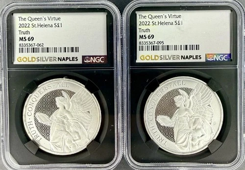 Saint Helena Truth 2022 the Queen's Virtues Silver Coin S$1 MS69 Pair (x2) NGC