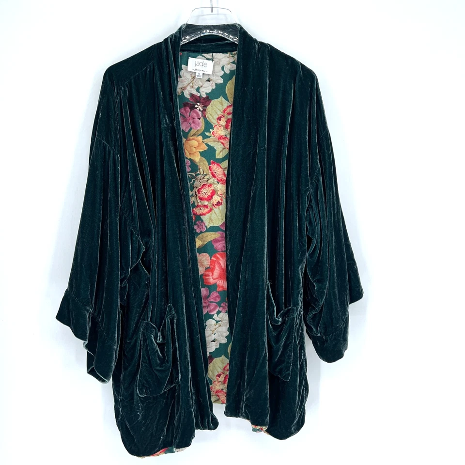 Johnny Was Jade Cardigan Womens XL Reversible Velvet Silk Floral Green Kimono - Image 3 of 4