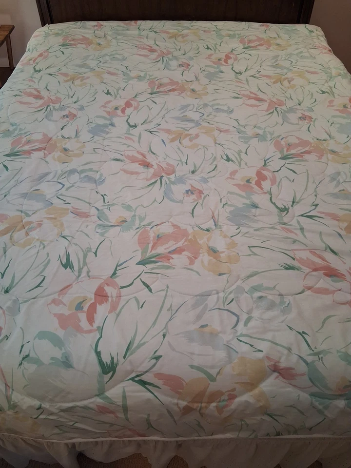 Vintage 80's USA SPRINGMAID Comforter PINK GREEN YELLOW Huge Florals Twin EUC - Image 3 of 4