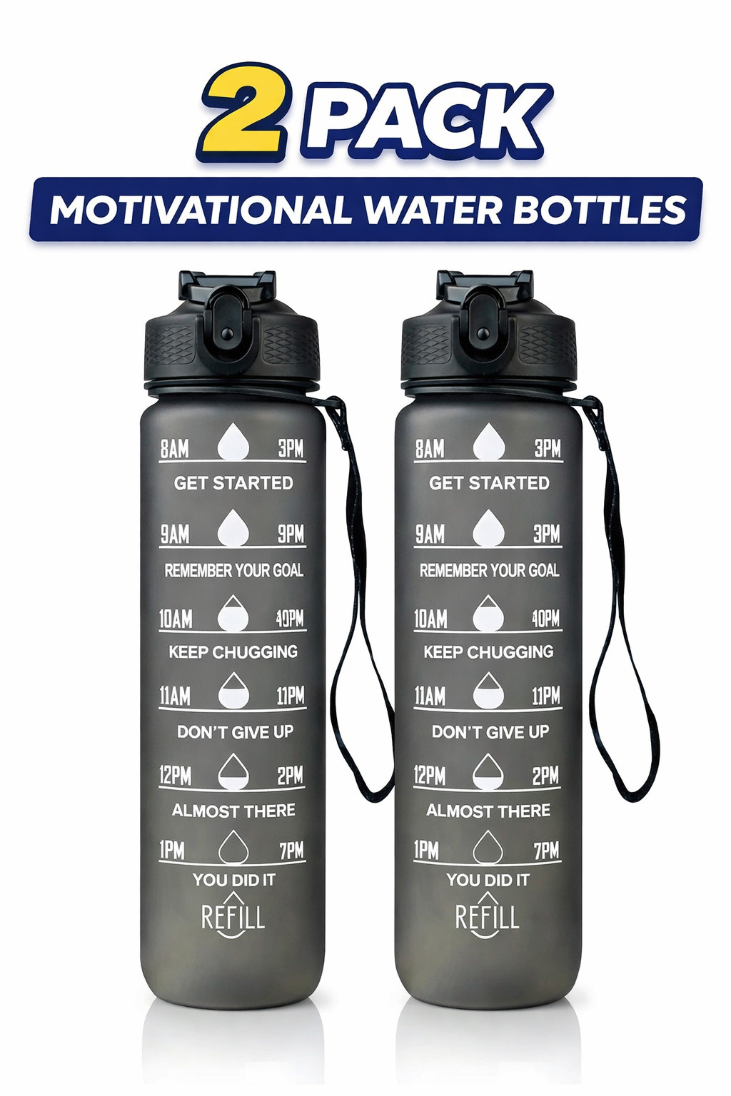 Motivational Water Bottle 32oz 1L Time Marker Leakproof Gym 
