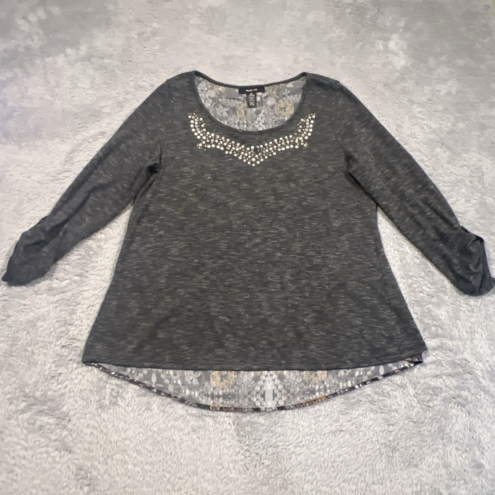 Style & Co Top Women’s M Gray Long Sleeve Rhinestone Bling Neck Tulip Hem