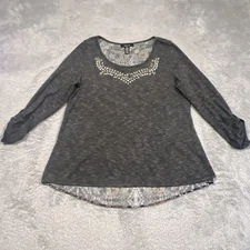 Style & Co Top Women’s M Gray Long Sleeve Rhinestone Bling Neck Tulip Hem