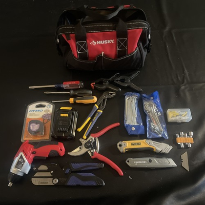 #ad #ad Husky Tool Bag w Hand Tools Lot DeWalt Utility Knife Pliers Snips More $89.99