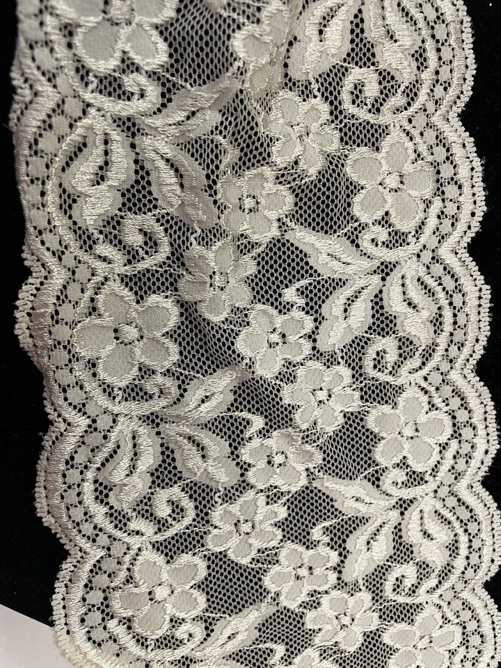 4 yards Ivory Stretch Floral Double Scalloped Lace Trim 6” - Image 2 of 3