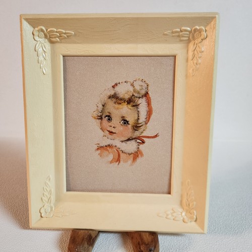 VTG Print Big Eyed Girl Winter 7x6" Plastic Frame Floral Design Corners USA - 第 1/10 張圖片
