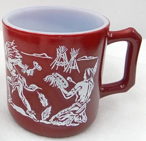 Hazel Atlas Child Mug Drinking Milk Glass Handle Fire Drum Reddish Brown Vintage