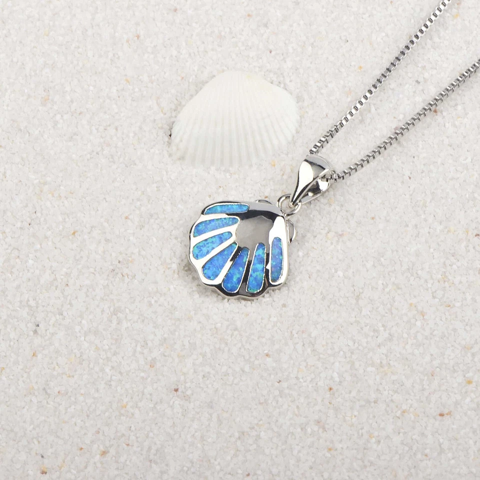 Hawaii Blue Fire Opal Shell Necklace pendants Silver Filled For Women Girls - Image 4 of 4