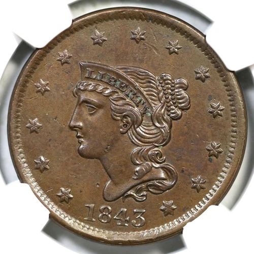1843 N-4 NGC UNC Details Petite Head Lg Lett Braided Hair Large Cent Coin 1c