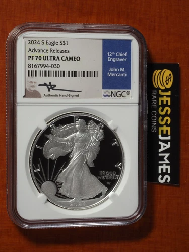 2024 S PROOF SILVER EAGLE NGC PF70 JOHN MERCANTI SIGNED ADVANCE RELEASES LABEL