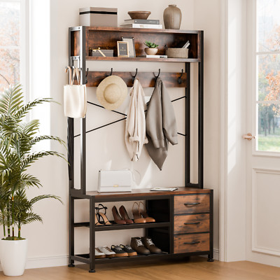 5 in 1 Hall Tree Entryway Bench with Coat Hook 3 Drawers Top Storage Shelf Brown