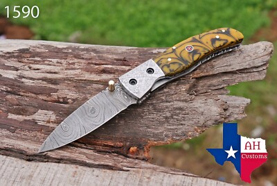 HAND FORGED DAMASCUS STEEL FOLDING POCKET KNIFE W/RISEN & BOLSTER HANDLE AH-1590