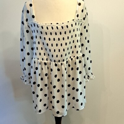 Torrid NWT Sheer Top Sz 2X Baby Doll Rouched Bodice Black Polka Dots Lined