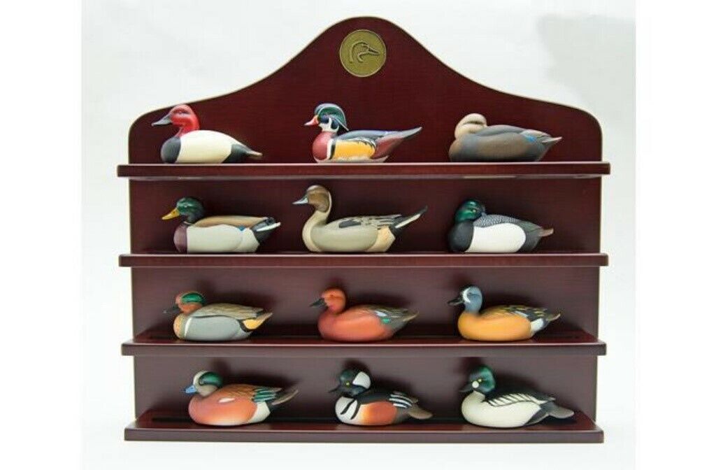 NIB Ducks Unlimited Jett Brunet 12 Mini Decoys Collection & Wood Display Shelf