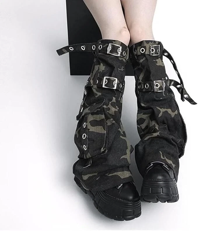 Green Camouflage Print Waterproof Denim Leg Warmers Punk Girl strappy Socks for - Image 4 of 4