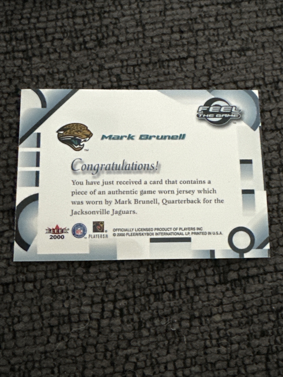 GAME USED JERSEY FOOTBALL CARD 2000 FLEER Mark Brunell Jaguars feel The game /50 view 2