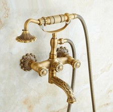 Antique Brass Flower Art Carved Clawfoot Wall Mount Bath Tub Faucet Hand Shower