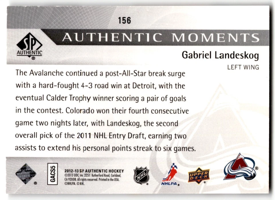 2012-13 SP Authentic Moments Gabriel Landeskog #156 Colorado Avalanche - Image 2 of 2
