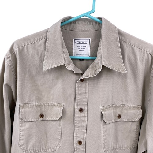 Consensus Mens Shirt Size Large Khaki Long-Sleeved Button Down 100% Cotton - Picture 5 of 12