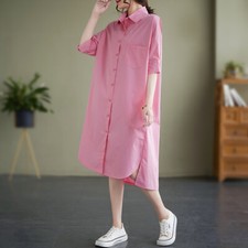 Femme Midi Robe Chemise Manche Courte Ample Décontracté Rose Bouton Oversize Été