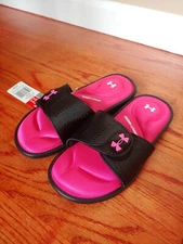 Under Armour Ignite Cushioned Adjustable Slides Sandals Youth Sz 3 Black PinkNEW