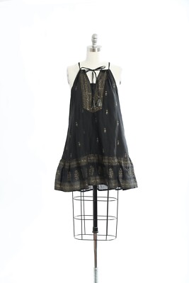 NWT MIRA black + gold beaded Indian block print 100% cotton mini dress Sz.  L | eBay