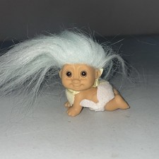Russ Berrie Vintage 2" Crawling Baby Troll Doll w/ Aqua Blue Hair Bib Diaper