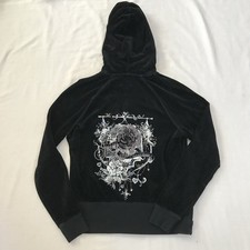 Vintage Juicy Couture Y2K Black Hooded Velour Track Jacket Size XL Silver Zip