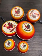 Vintage Wolverine Tin Litho Cookware Toy Kitchen Set Rooster Bowls and Pans 8 pc