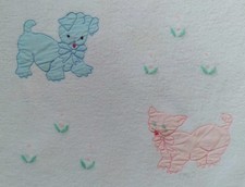Vintage Baby Crib Fleece Blanket Applique MCM Blue Puppy Pink Kitten Cottagecore