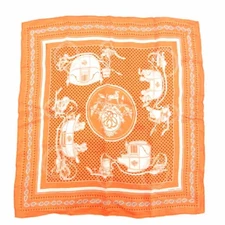 HERMES Carr 55 Ex Libris Scarf Bandana Dot Carriage Pattern Silk Orange White GV