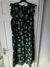Asos Design Size 18 Maxi Dress Babydoll Black Green Floral Print Summer Hol