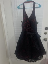 Mori Lee Madeline Gardner Black  Halter Fit/ Flare Satin Belt Formal Dress Sz 10