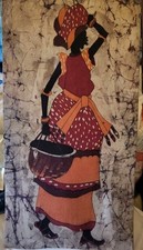 Vintage African Fabric Print. Woman Carrying Basket. Batik Style