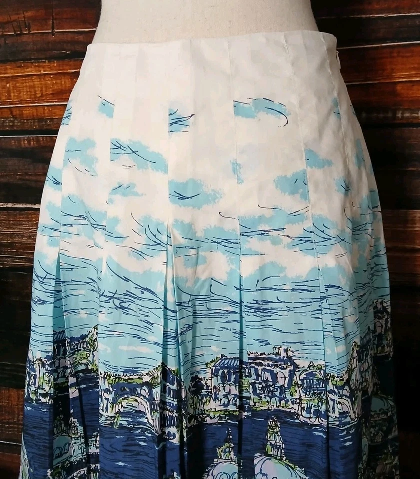 Talbots Pleated Midi Skirt Size 2 A-Line 100% Cotton Lined Venice Seascape Motif - Image 4 of 4