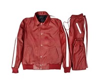 Men Lambskin Leather Track Suit Sweatsuit Red/White Men Jogging Tracksuit