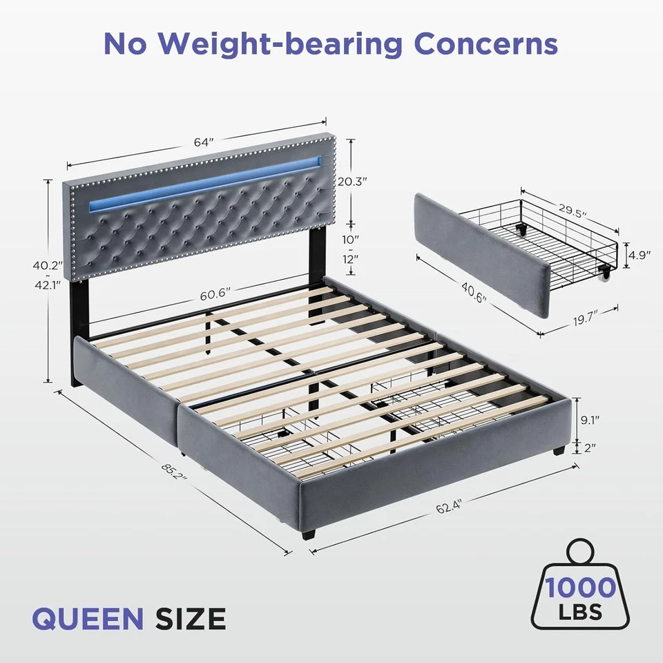 Каркас кровати Queen Size бархатная обивка платформа с 2 ящиками для хранения и изголовьем ~ - Изображение 3 из 4