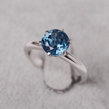 London Blue Topaz Gemstone Solitaire Round Cut 925 Sterling Silver Ring