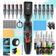 Tattoo Pen Kit,1100mAh LCD Power Supply, Mixed Tattoo Needles, Vibrant Color Ink