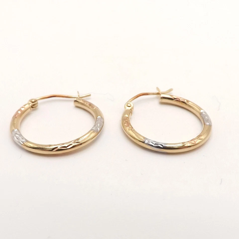 Solid 10k Tricolor Gold Round Hoop Earrings Diamond Cut Yellow Rose White - Image 3 of 4